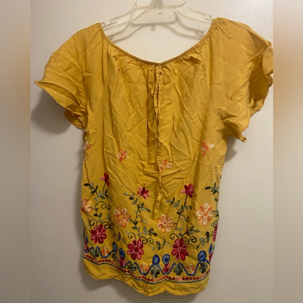 Extra Belleza Womens Embroidered Top Blouse Dark Yellow S Small Flowers Floral